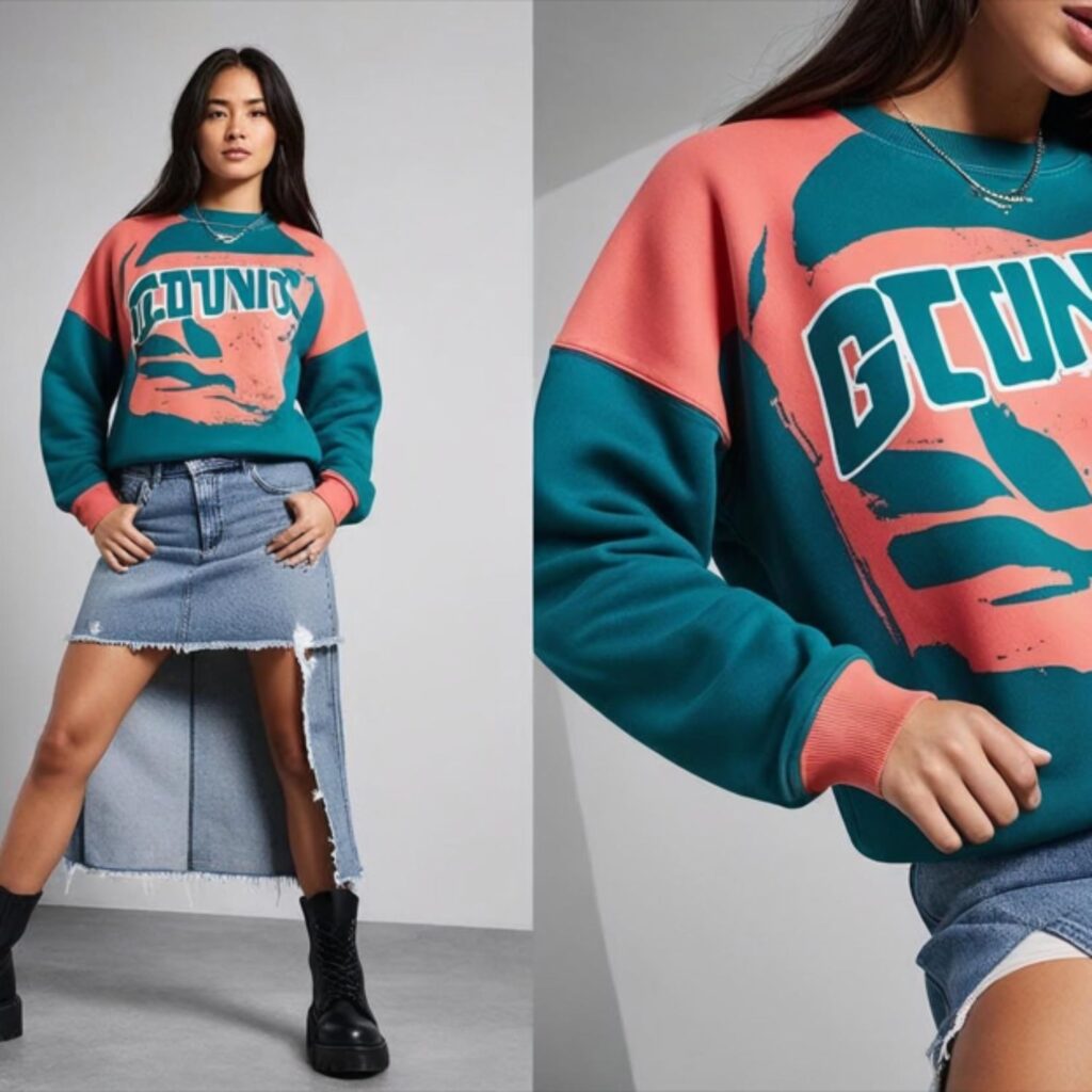 A graphic sweatshirt with a raw hem denim skirt and chunky boots creates a bold, casual look combining playful style, comfort, and streetwear-inspired flair.
