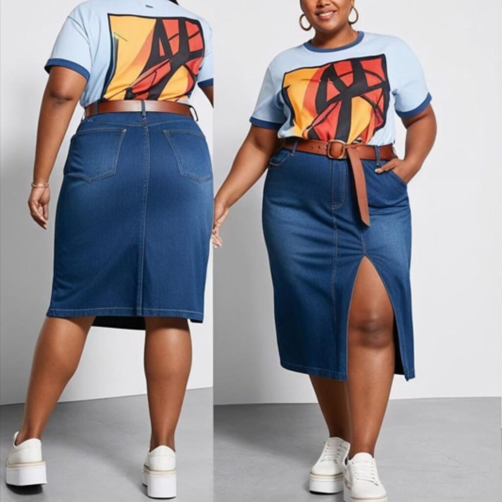 Graphic tee with belted long denim skirt and platform sneakers creates a fun, flattering plus size outfit, offering style, comfort, and confidence for casual wear.