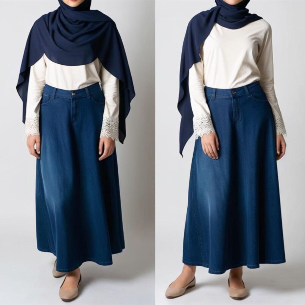 Hijab-friendly elegance outfit with long denim skirt, long-sleeve top, hijab, and flats creates a modest, stylish look, perfect for school, work, or casual outings.