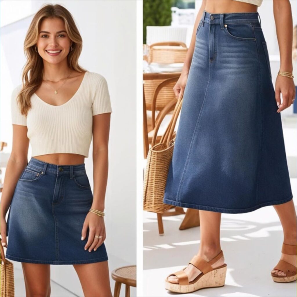 Knit crop top with mid-wash denim skirt and cork wedges creates an effortlessly stylish summer outfit, blending comfort and trend, perfect for brunch, shopping, or weekend outings.