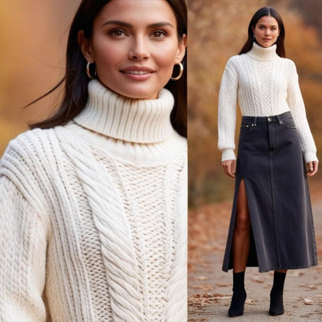 A knit turtleneck dress layered with a denim skirt and sock boots creates a cozy, chic look with modern flair. Perfect for stylish layering in cold weather.