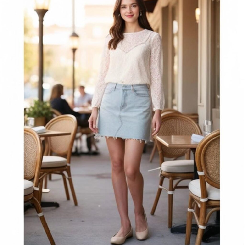 Lace blouse with faded blue denim skirt and ballet flats creates a delicate, timeless look, perfect for casual workdays, lunch dates, or afternoon strolls with feminine elegance.