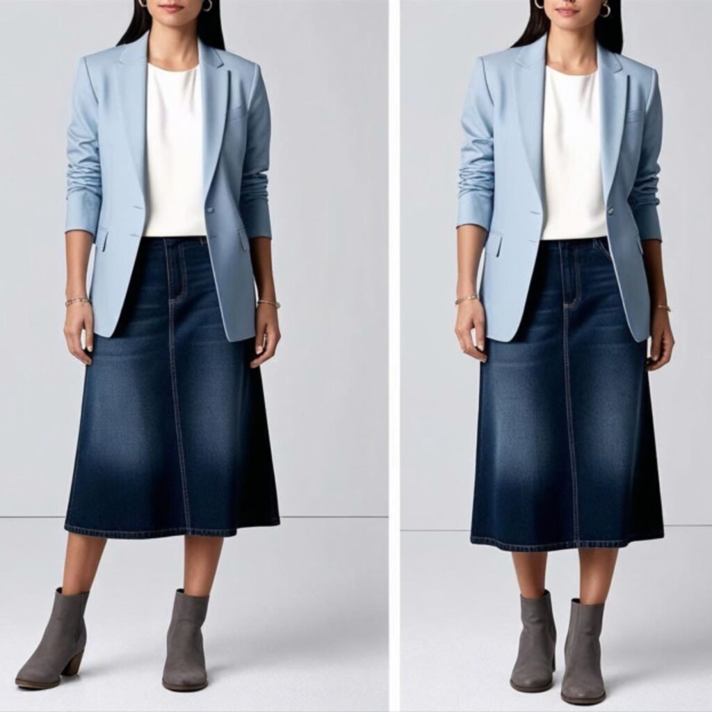 A Layered look with a blazer and long denim skirt creates a smart, stylish outfit, perfect for work, school, or meetings with a simple top, flats, or low heels.
