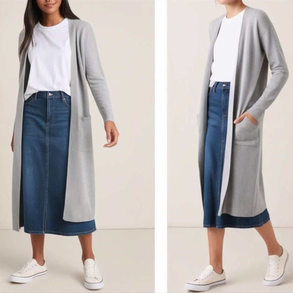 Long cardigan with tee, long denim skirt, and sneakers creates a comfy, simple outfit, perfect for school, shopping, or casual outings while staying relaxed and neat.