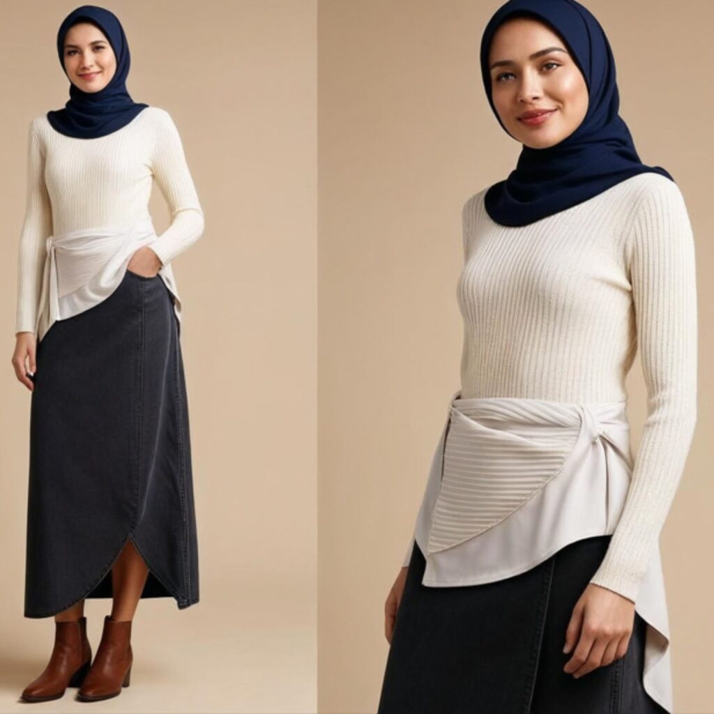 Long sleeve knit top with long denim skirt, hijab, and ankle boots creates a modest, comfortable outfit, perfect for cooler days and casual outings while staying neat.