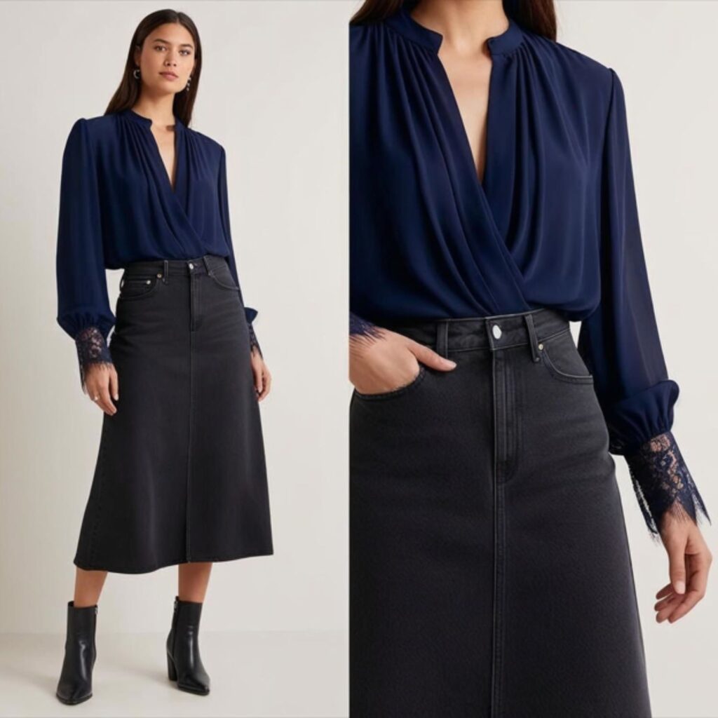 A long sleeve blouse with a black denim skirt and ankle boots creates a versatile, stylish outfit. The blouse adds elegance, while the skirt offers a flattering silhouette.