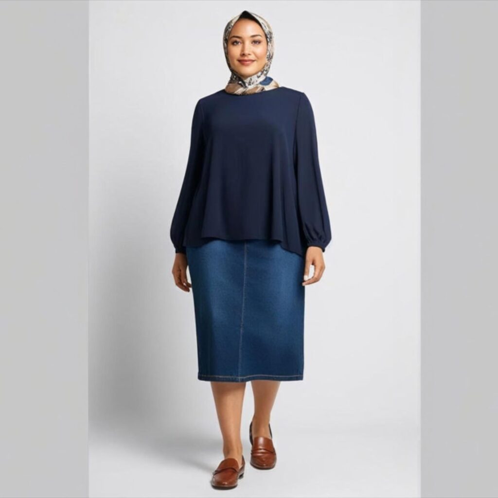 Long sleeve blouse with straight denim skirt, hijab, and loafers creates a modest, elegant outfit, perfect for everyday wear and casual gatherings in plus size styling.