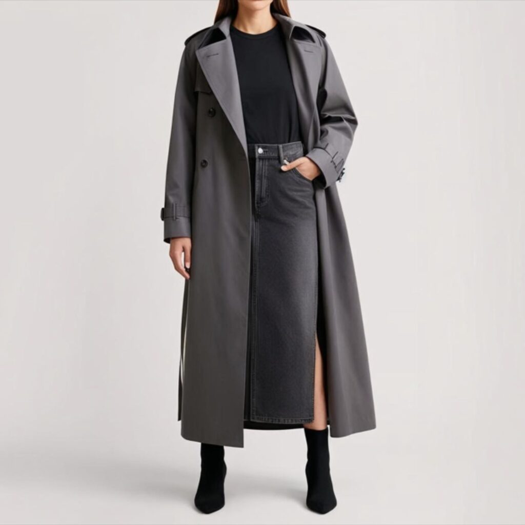 A long trench coat over a fitted tee and denim skirt, paired with sock boots, creates a sleek, sophisticated look blending classic staples with modern style.