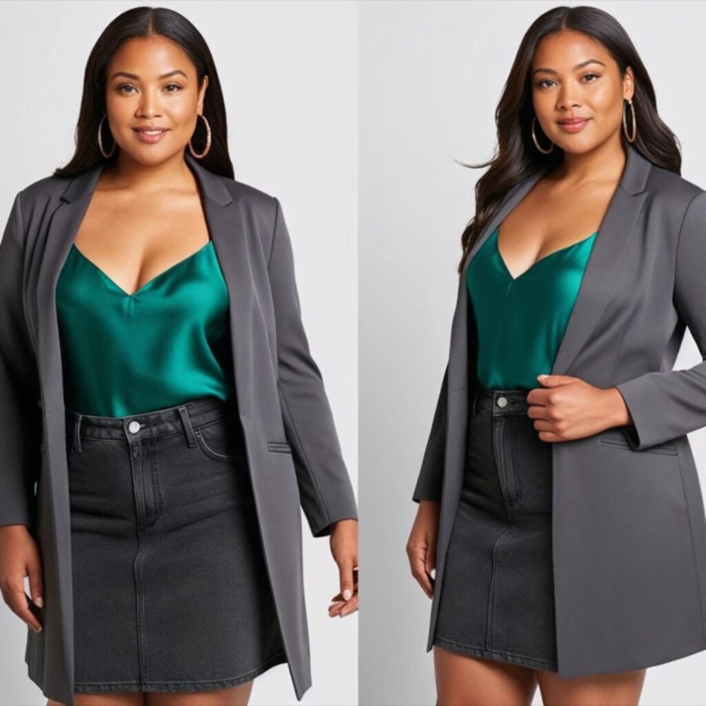 Longline blazer over fitted top with dark wash denim skirt creates a polished, flattering outfit, ideal for plus size styling, perfect for work, brunch, or errands.