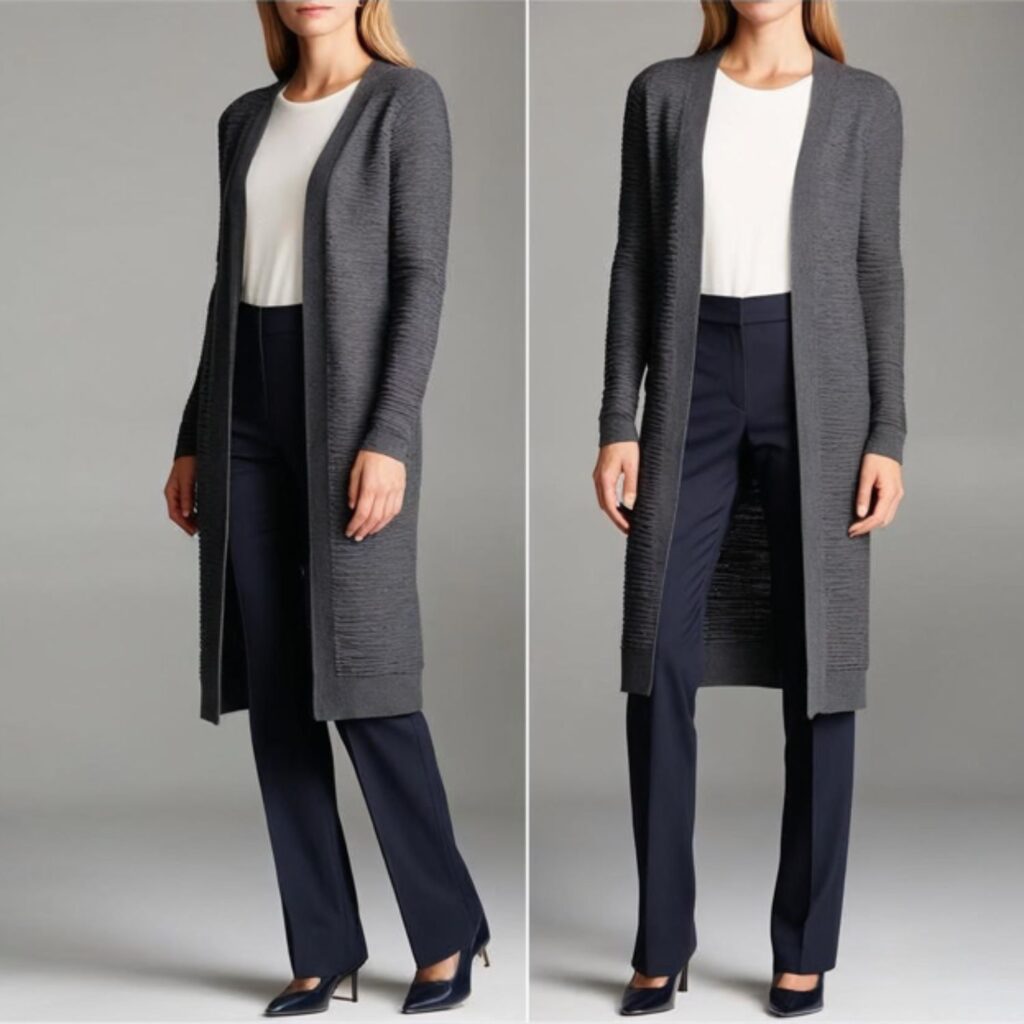 Longline cardigan with slim trousers creates a clean, smart look with a tall, flattering cardigan and neat trousers, perfect for work, school, or casual days out.