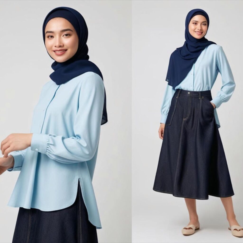 Long sleeve blouse with denim skirt, hijab, and open-toe flats creates an elegant, modest outfit, perfect for warm days, casual outings, or family gatherings with stylish comfort.