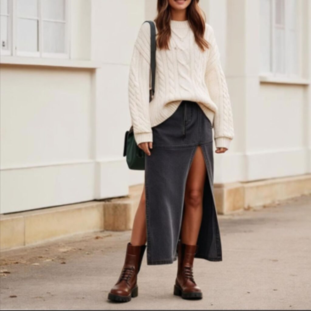 Oversized sweater with long denim skirt and chunky boots creates a cozy, stylish outfit for cold days, perfect for school, shopping, or casual outings.