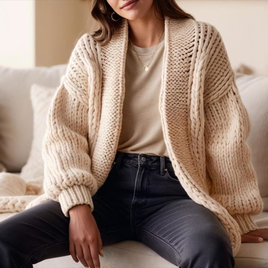 Oversized cardigan with jeans creates a comfy, stylish outfit with a cozy cardigan and simple jeans, perfect for cool weather, school, or casual outings.