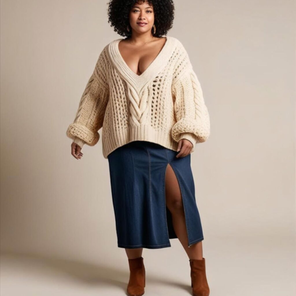 Long Denim Skirt Outfit for Plus Size Ideas