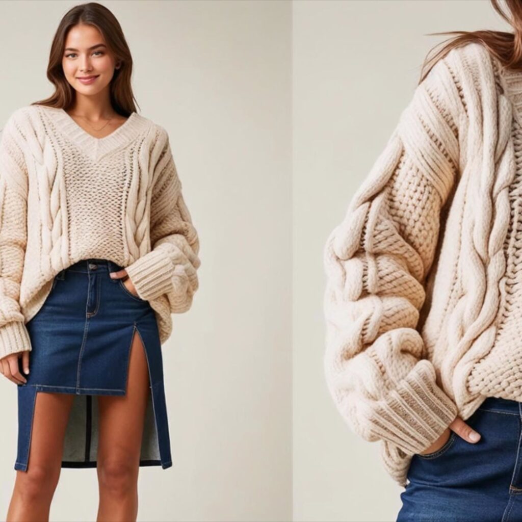 Oversized sweater with side-slit denim skirt and ankle boots creates a cozy, stylish outfit, perfect for cooler seasons, offering comfort and chic appeal for casual outings.