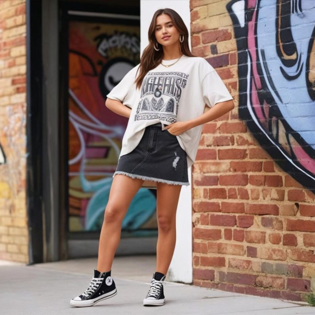 Oversized tee with black denim skirt and high-top sneakers creates a cool, street-style look, perfect for casual hangouts, city walks, or summer outings with attitude.
