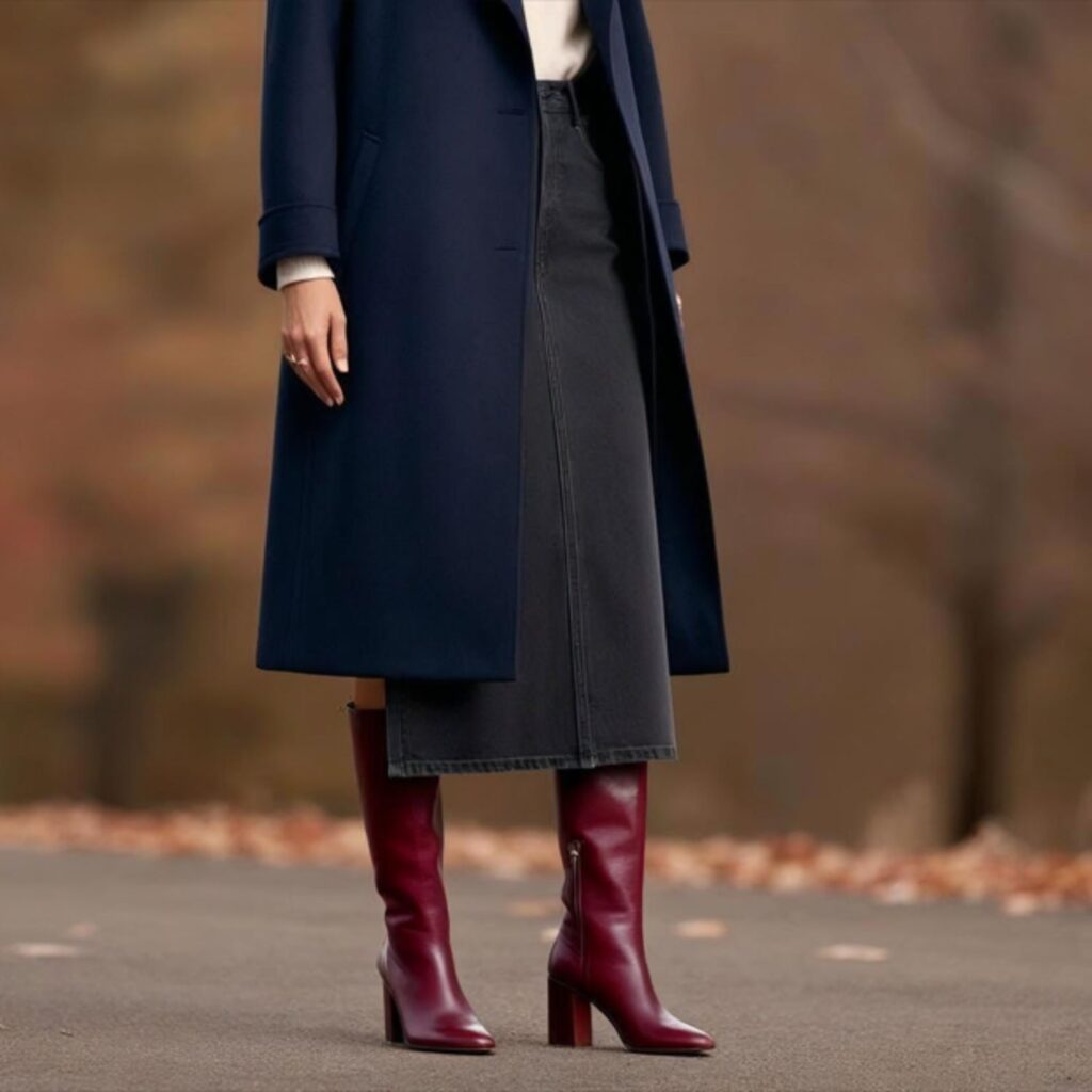 A peacoat with a black long denim skirt and burgundy leather boots creates a timeless, polished look perfect for fall and winter, blending classic style with bold accessories.
