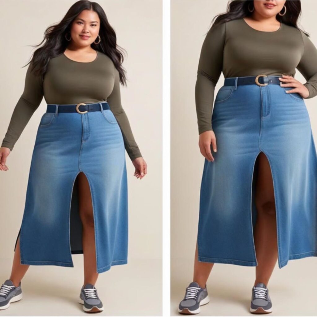 Plus-size chic outfit with long denim skirt, fitted top, belt, and sneakers or boots creates a comfy, stylish look, perfect for everyday wear while feeling confident.