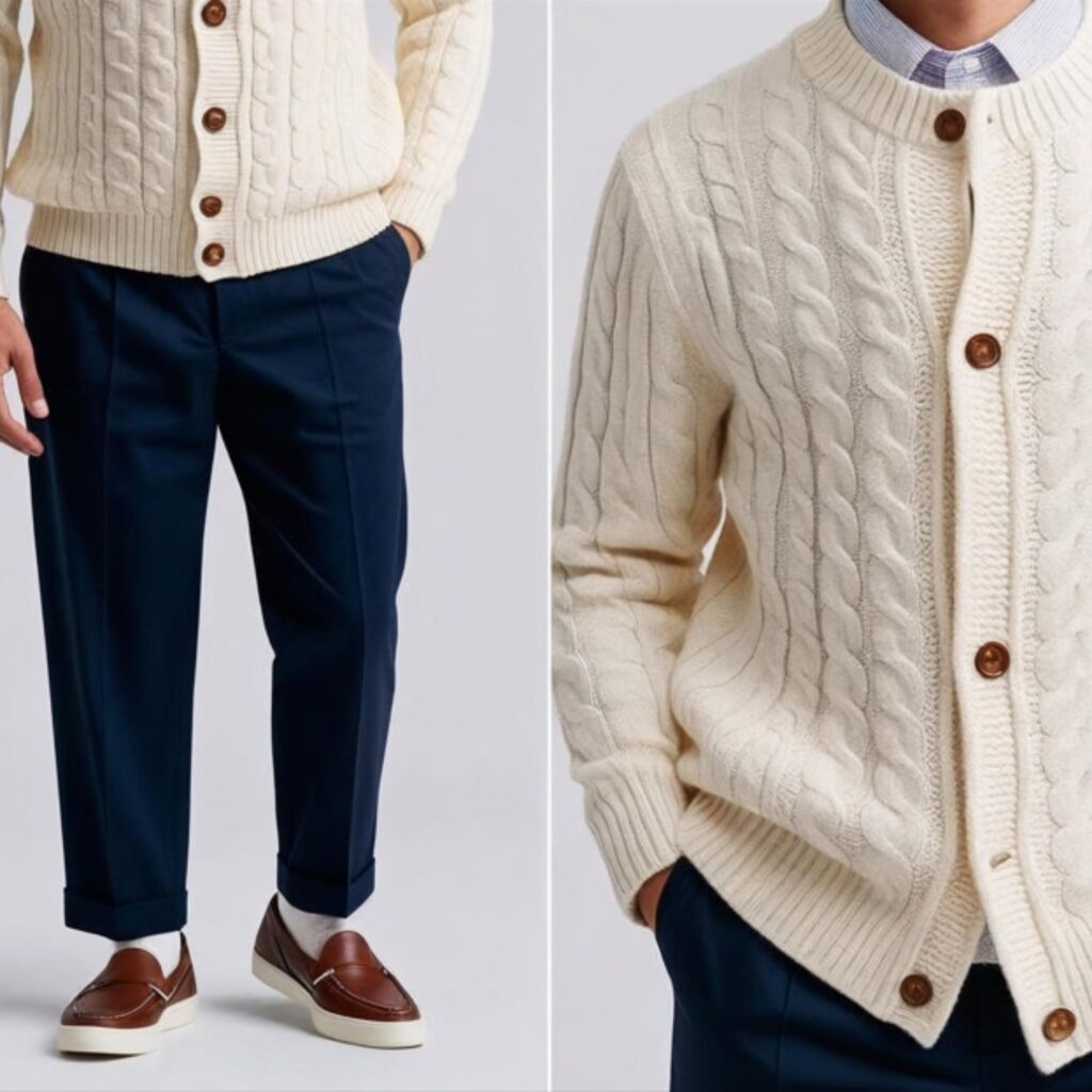 Preppy cardigan with slacks creates a clean, smart look with a soft cardigan and neat slacks, perfect for school, work, or family days, paired with loafers or sneakers.