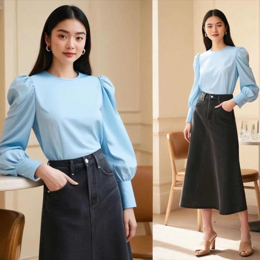 Puff-sleeve blouse with long denim skirt and heeled mules creates a pretty, neat outfit, perfect for lunch dates, family events, or casual work days.