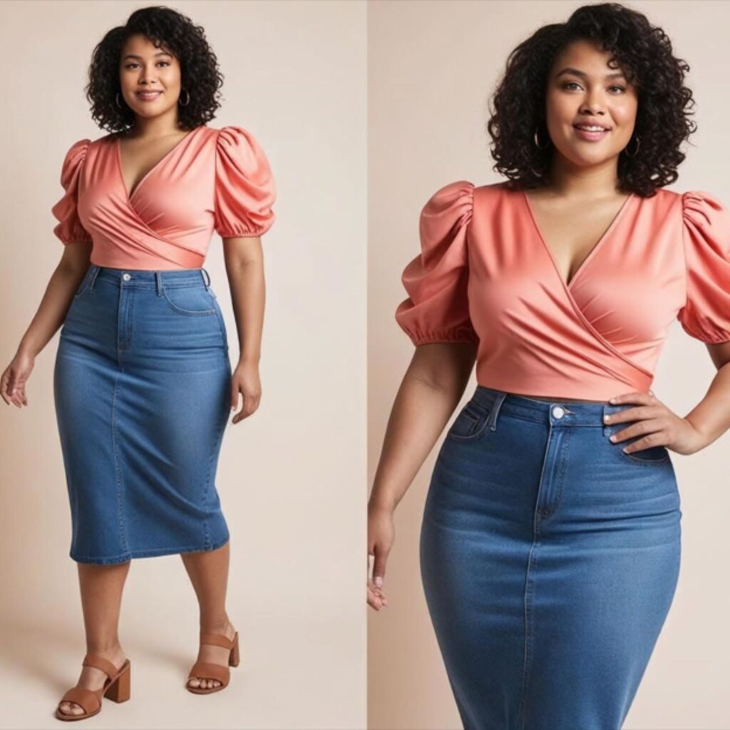 Puff-sleeve wrap blouse with high-waisted denim skirt and block heels creates a flattering, feminine look, ideal for plus size outfits, offering style and comfort.