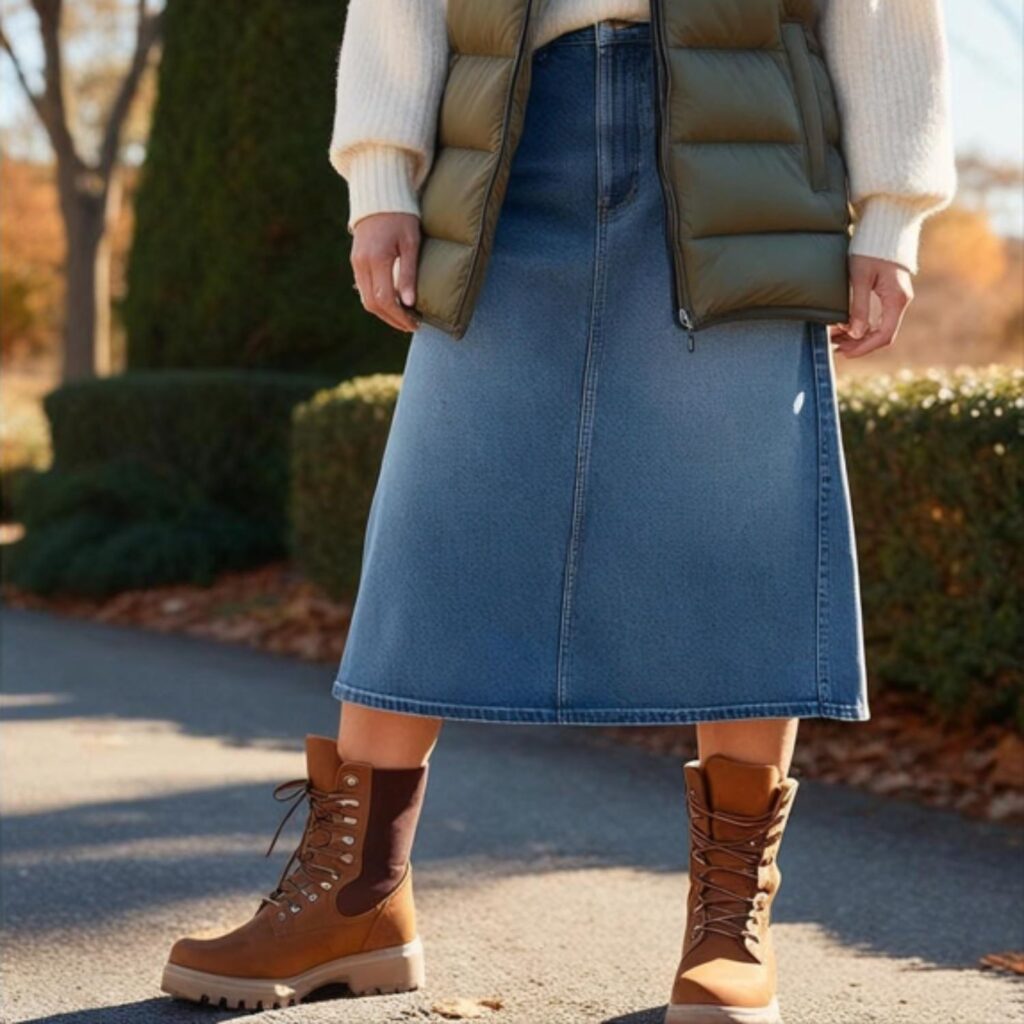 A puffer vest with a medium wash denim skirt and utility boots creates a practical, stylish look. Ideal for brisk weather, offering comfort, warmth, and fashion-forward style.