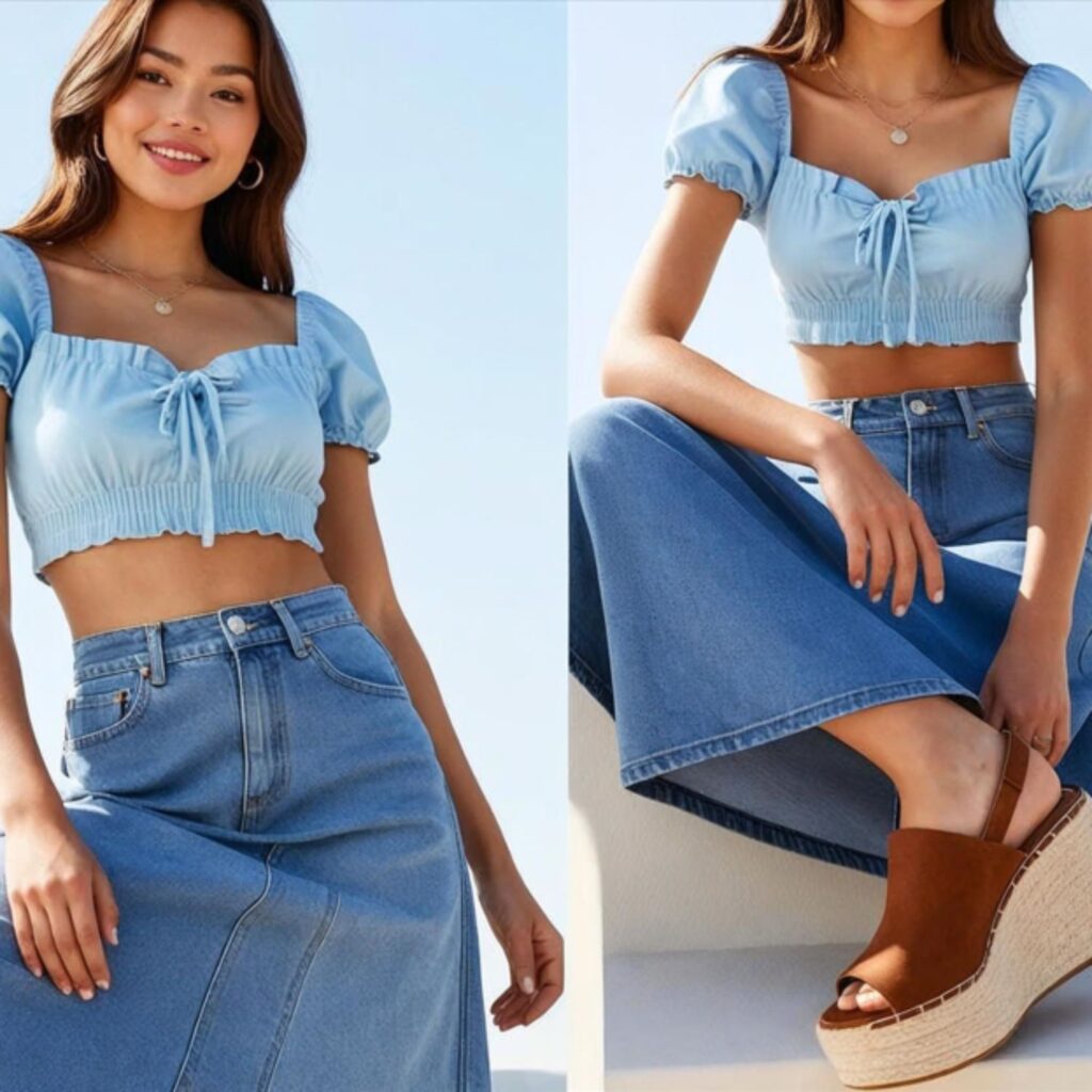 Ruffled top with long denim skirt and wedges creates a cute, girly outfit, perfect for sunny days, brunch, or casual outings while staying comfy and stylish.
