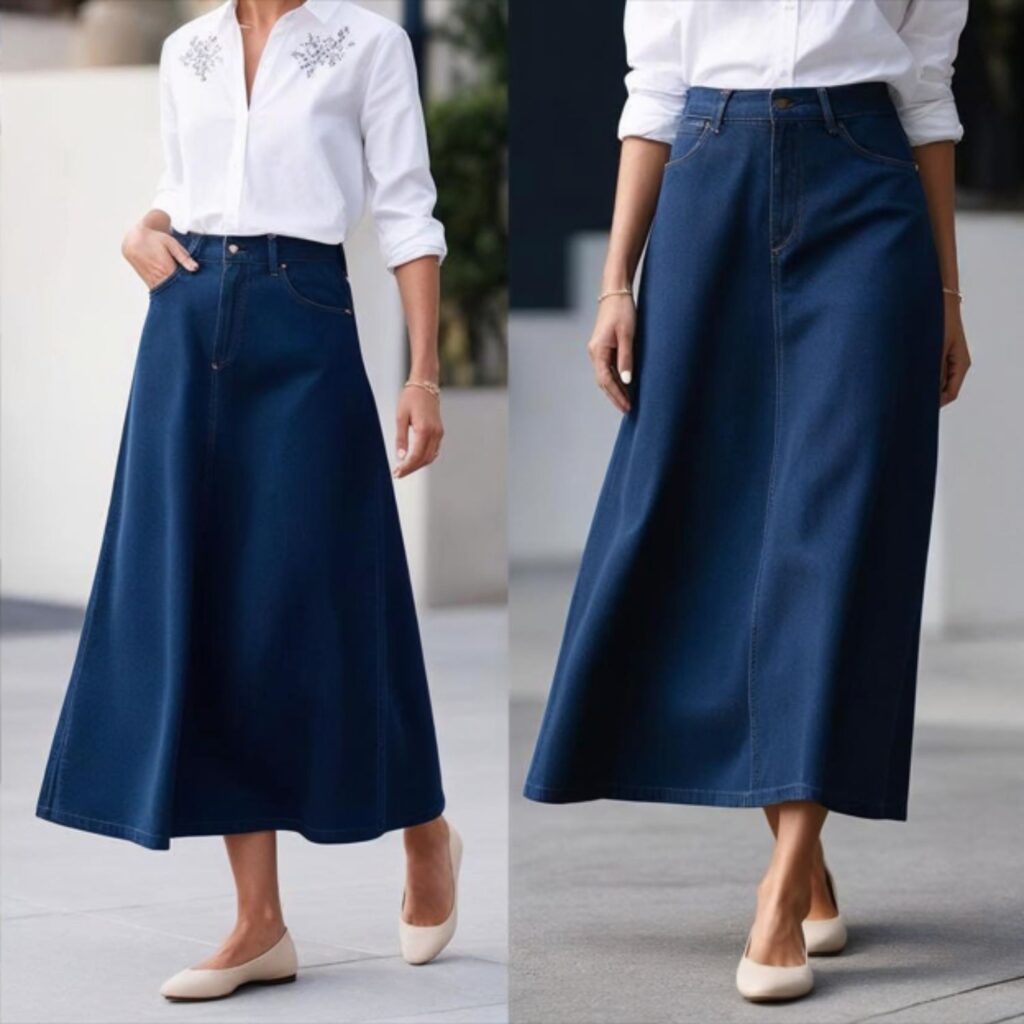 A Simple and elegant outfit with long denim skirt, plain blouse, and flats creates a clean, classy look, perfect for work, lunch, or small events with minimal effort.