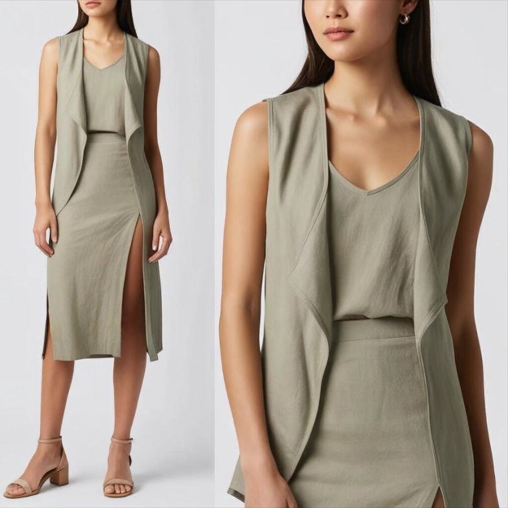 Sleeveless vest with side-slit skirt and ankle-strap sandals creates a sleek, minimalist summer look, perfect for daytime events, casual meetings, and stylish outings.