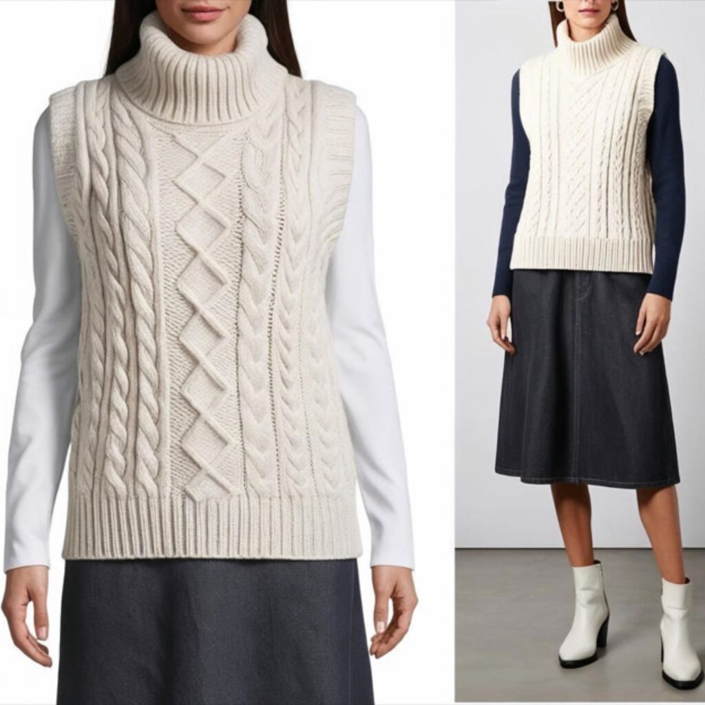 A sweater vest with a denim midi skirt and white boots creates a trendy, layered look that's polished and modern, perfect for casual workdays or brunch.