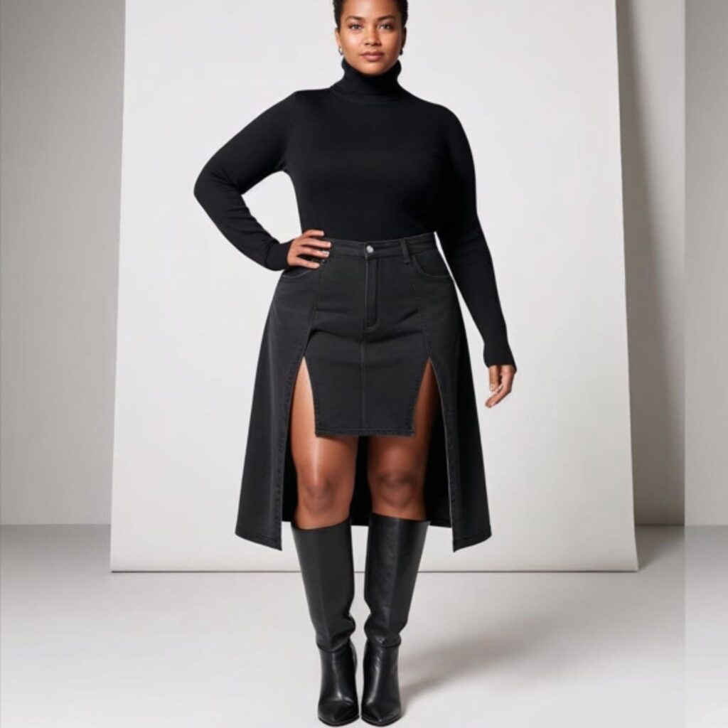 Turtleneck with black denim skirt featuring front slit and tall boots creates a sleek, flattering look, perfect for plus size winter outfits with style and warmth.