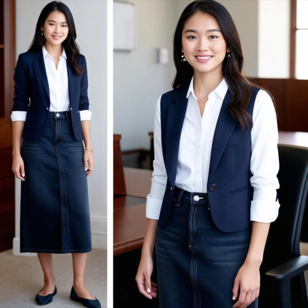 Long denim skirt outfit idea