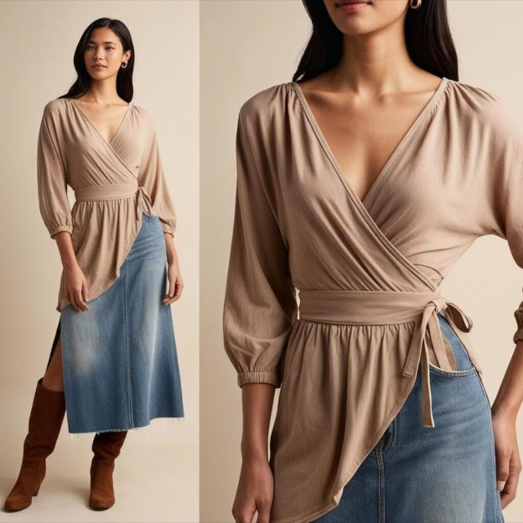A wrap top with a faded long denim skirt and suede knee boots creates a feminine look with vintage charm, perfect for transitional seasons, offering comfort and style.