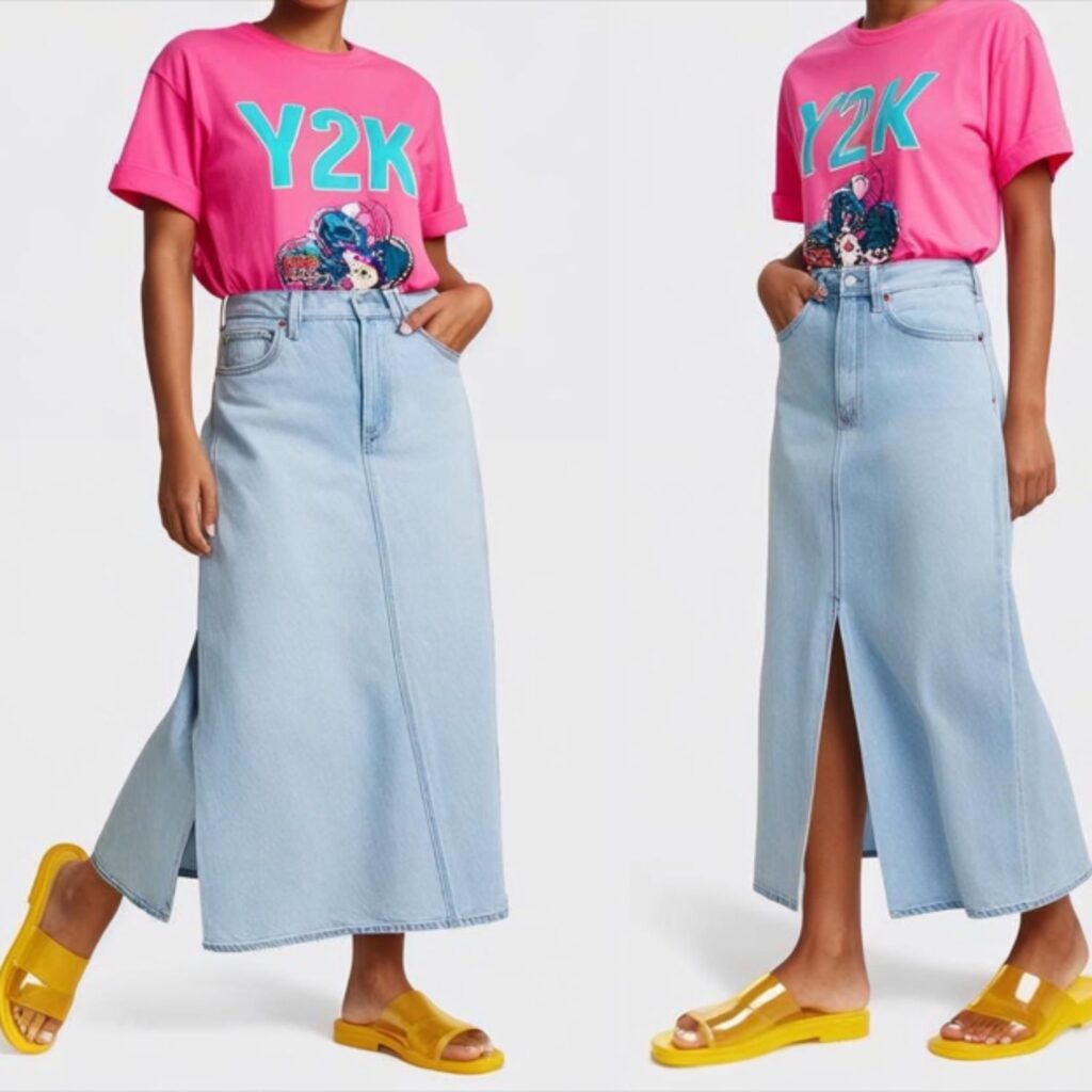 Y2K baby tee with long denim skirt and jelly sandals creates a fun, playful outfit, perfect for summer days, casual hangouts, and nostalgic, trendy style.